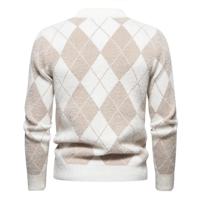 Men’s Argyle Sweater - Crew Neck - Knitted - Long Sleeve - Classic Pattern-4