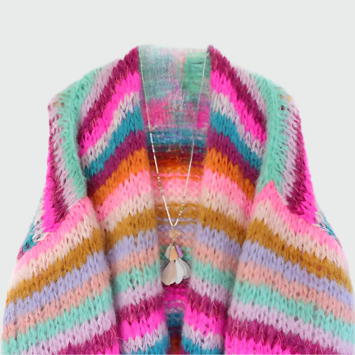 Winter sweater made of rope in a colorful pattern with wooden buttons for women-2