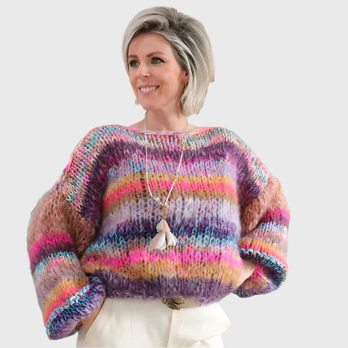 Winter sweater made of rope in a colorful pattern with wooden buttons for women-3