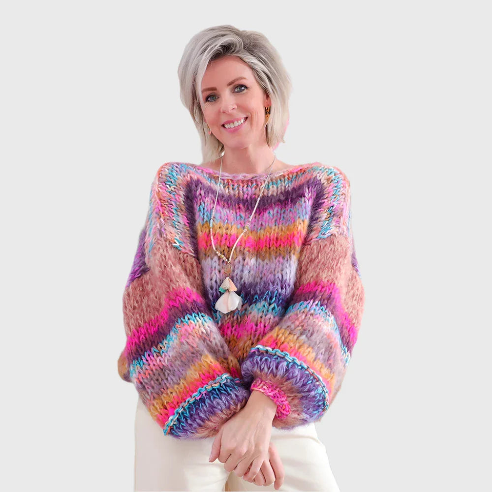 Winter sweater made of rope in a colorful pattern with wooden buttons for women-4