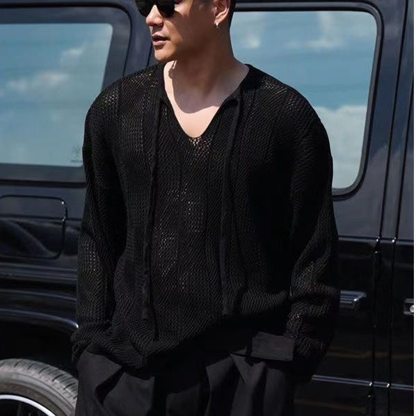 Men’s Knit Sweater – Relaxed Fit – V-Neck with Drawstring – Open Weave Breathable Fabric-1