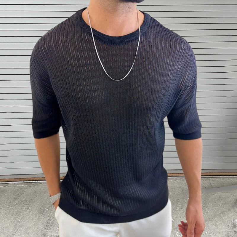 Men’s Knit Top – Slim Fit – Lightweight Semi-Sheer – Ribbed Texture – Crew Neck – Short Sleeve-2