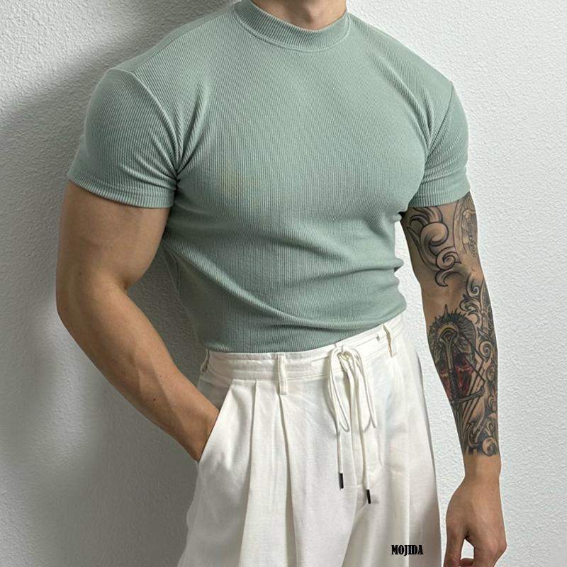 Men’s Fitted Ribbed Knit Top - Short Sleeve - Mock Neck - Breathable Stretch Fabric-5