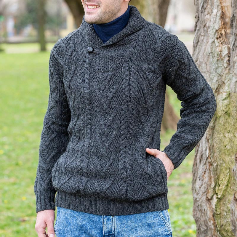 Men’s Pullover Sweater – Wool Blend – Relaxed Fit – Cable Knit – Shawl Collar-3