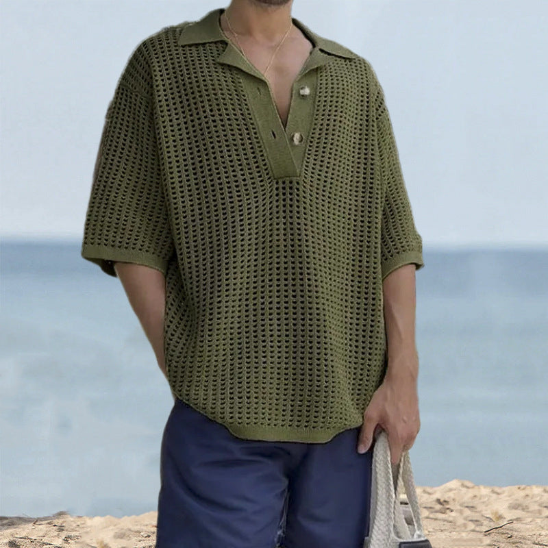 Men’s Knit Sweater – Oversized Fit – Open Knit – Notched Lapel – Short Sleeve Casual-2