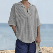 Men’s Knit Sweater – Oversized Fit – Open Knit – Notched Lapel – Short Sleeve Casual-3