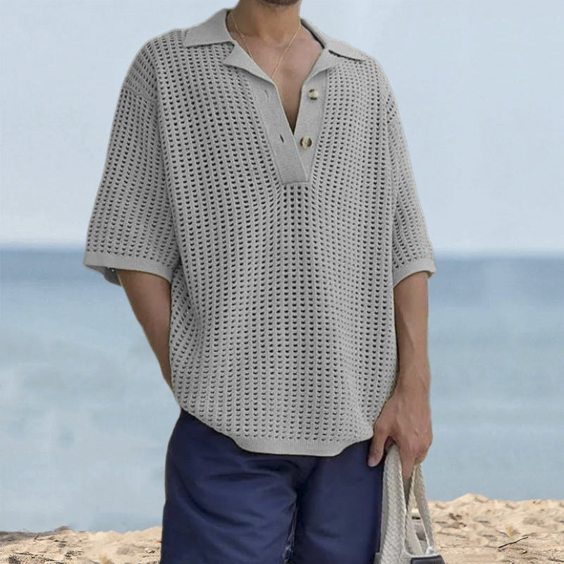 Men’s Knit Sweater – Oversized Fit – Open Knit – Notched Lapel – Short Sleeve Casual-3