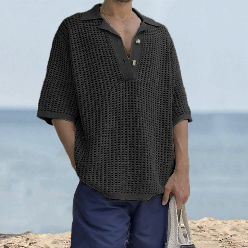 Men’s Knit Sweater – Oversized Fit – Open Knit – Notched Lapel – Short Sleeve Casual-4