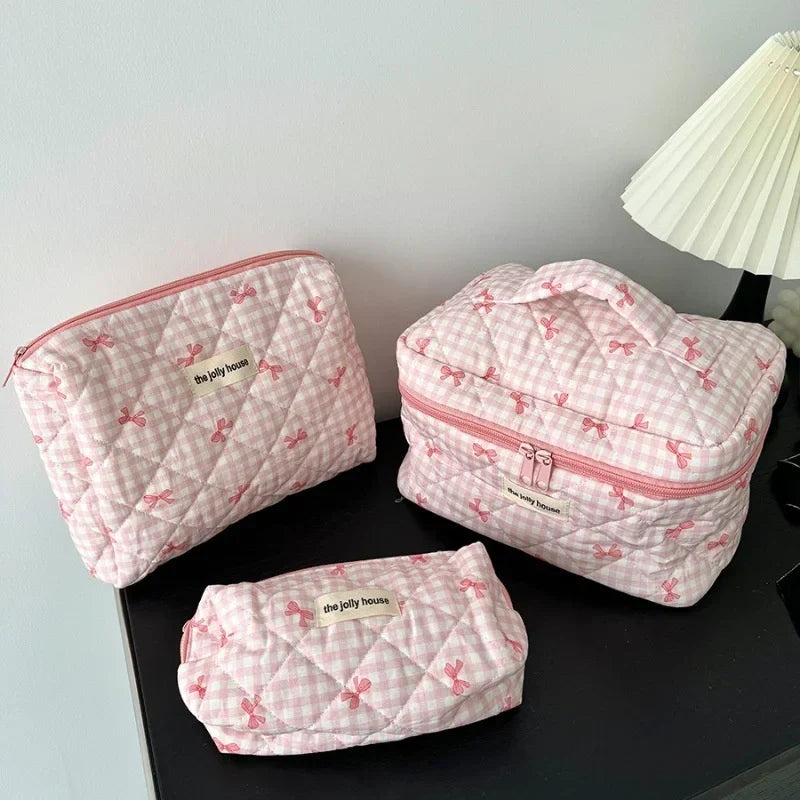Chloe | Charming checked makeup pouch set with bow design
