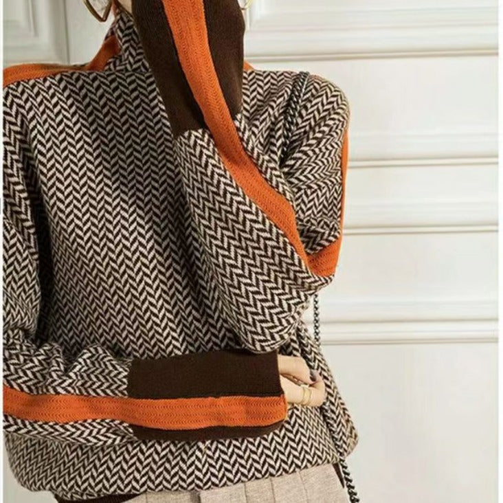 Rolling collar sweater with a geometric knitting pattern-3