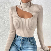 Ladies ribbed turtleneck sweater | Hollow chest-3
