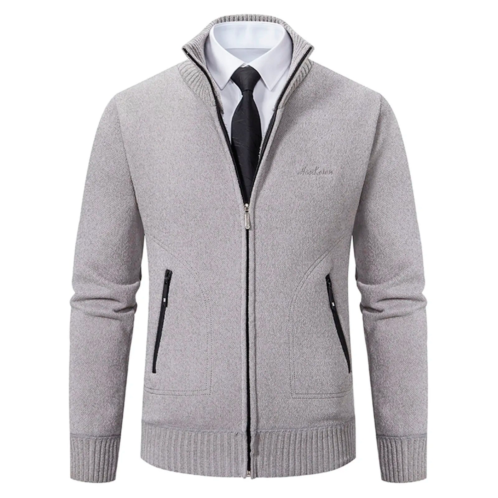 Men’s Knitted Cardigan - Wool Blend - Zip-Up High Neck - Tailored Fit - Ribbed Cuffs-5