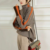 Rolling collar sweater with a geometric knitting pattern-2