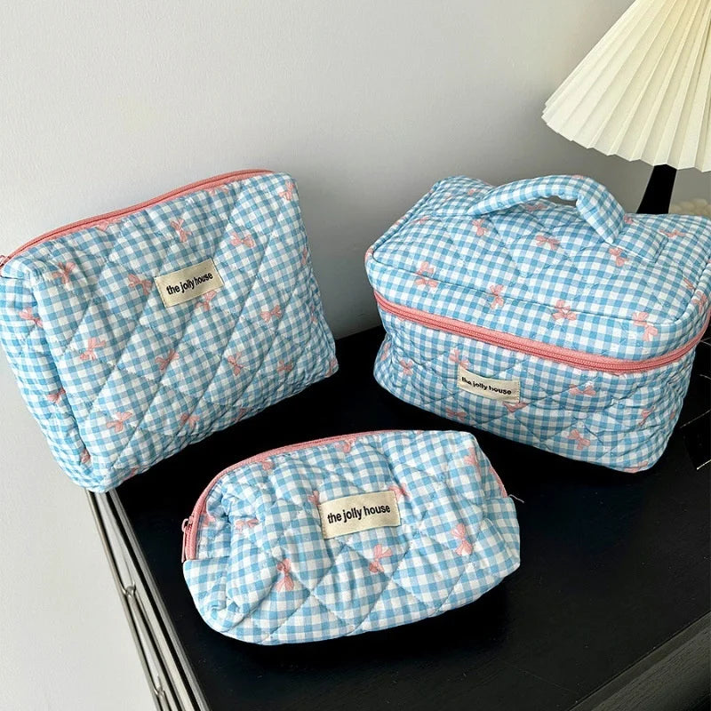 Chloe | Charming checked makeup pouch set with bow design