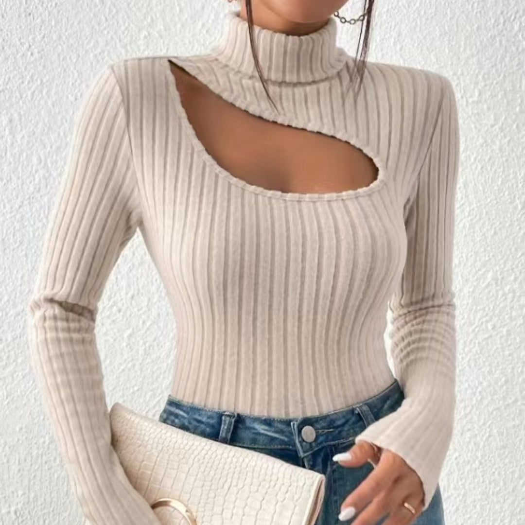 Ladies ribbed turtleneck sweater | Hollow chest-6