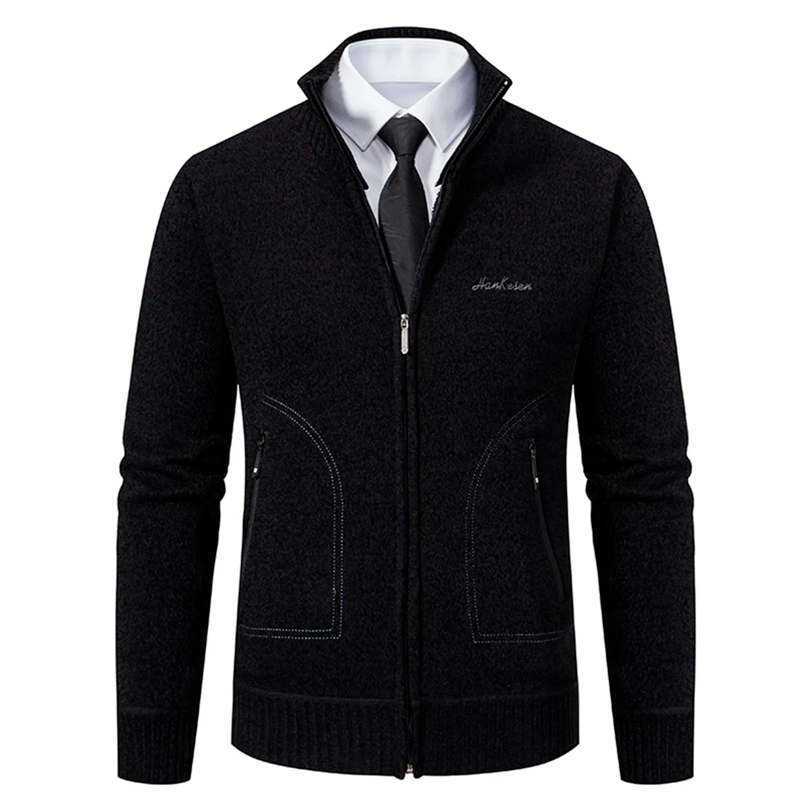 Men’s Knitted Cardigan - Wool Blend - Zip-Up High Neck - Tailored Fit - Ribbed Cuffs-3