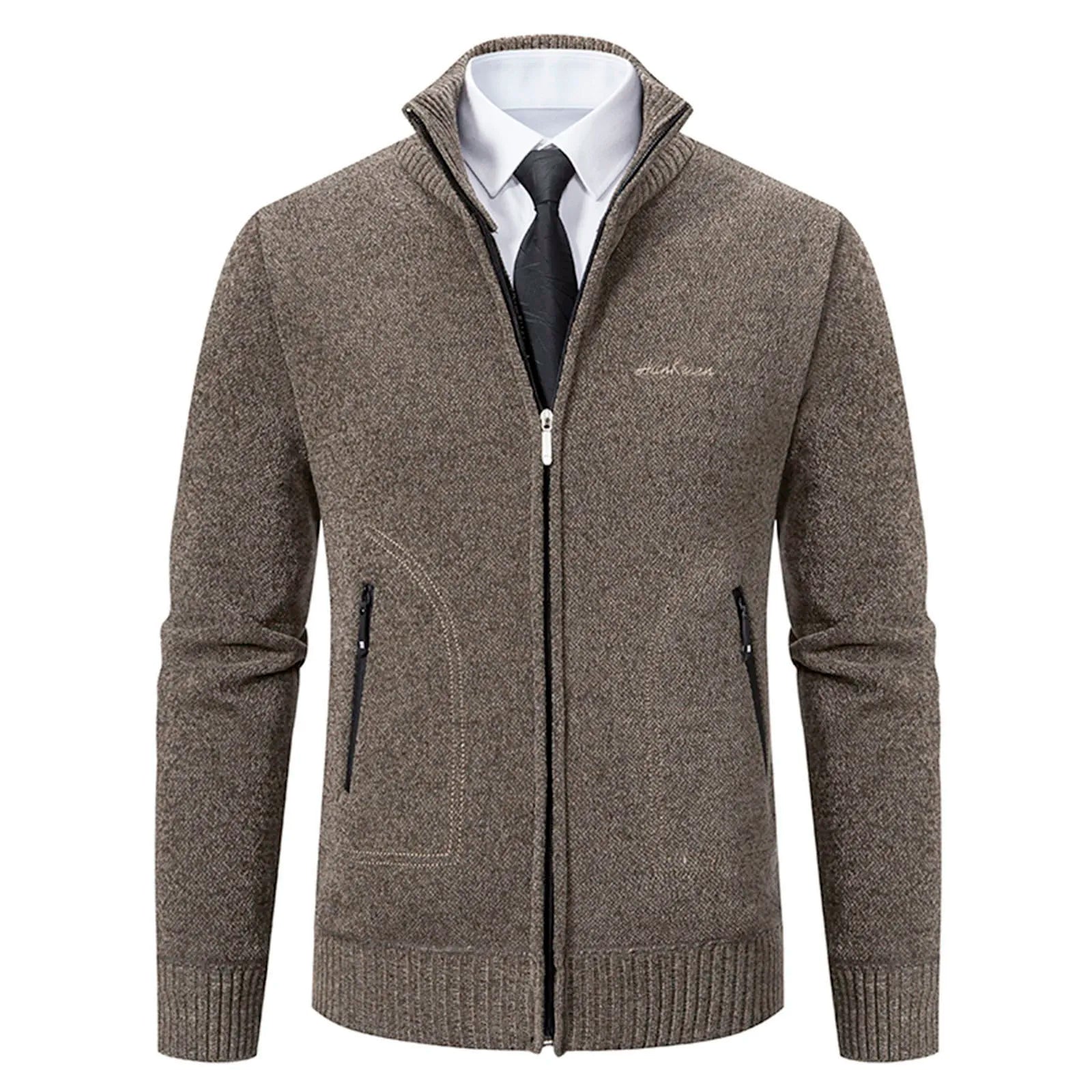 Men’s Knitted Cardigan - Wool Blend - Zip-Up High Neck - Tailored Fit - Ribbed Cuffs-4