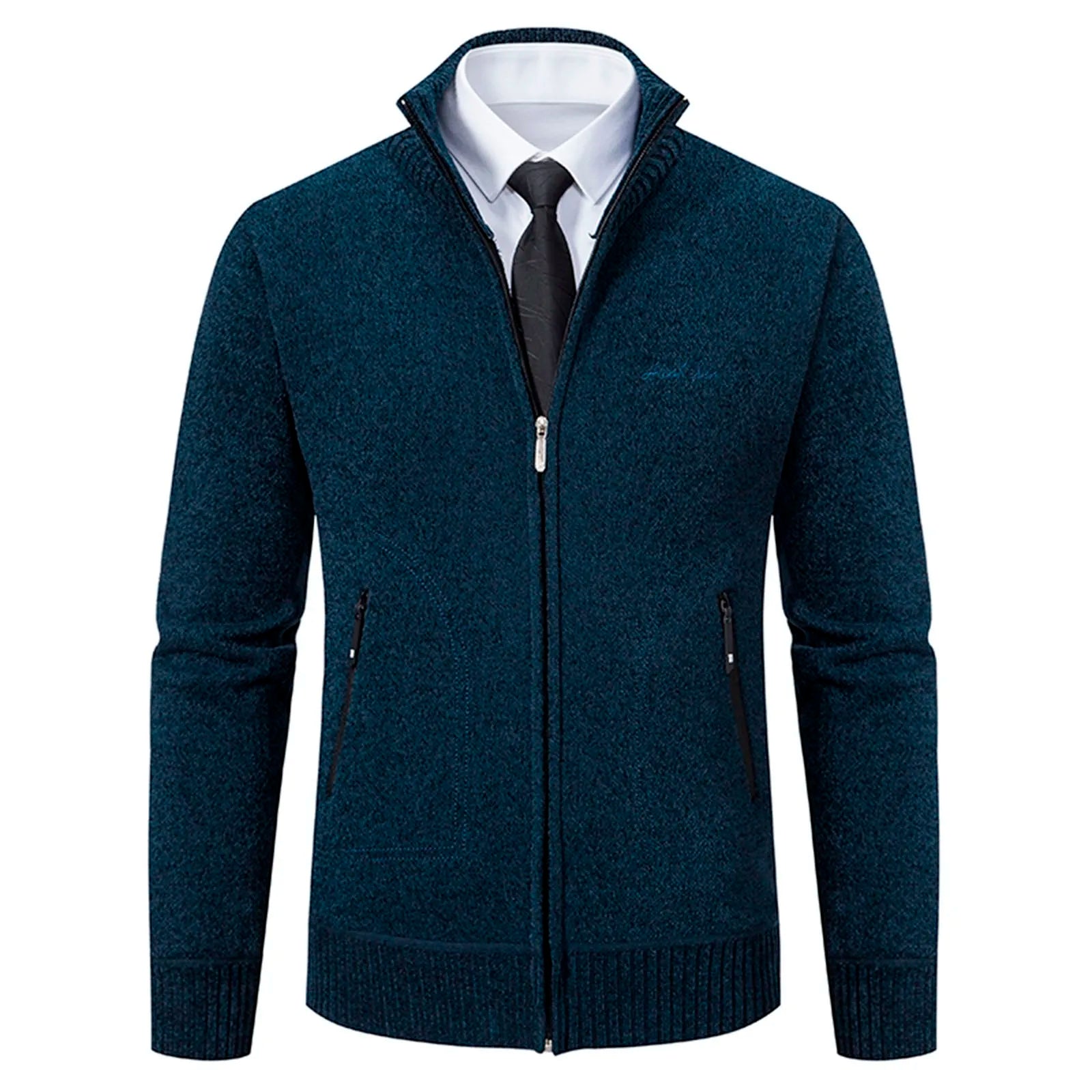 Men’s Knitted Cardigan - Wool Blend - Zip-Up High Neck - Tailored Fit - Ribbed Cuffs-2