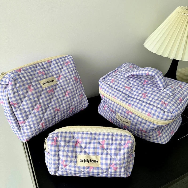 Chloe | Charming checked makeup pouch set with bow design