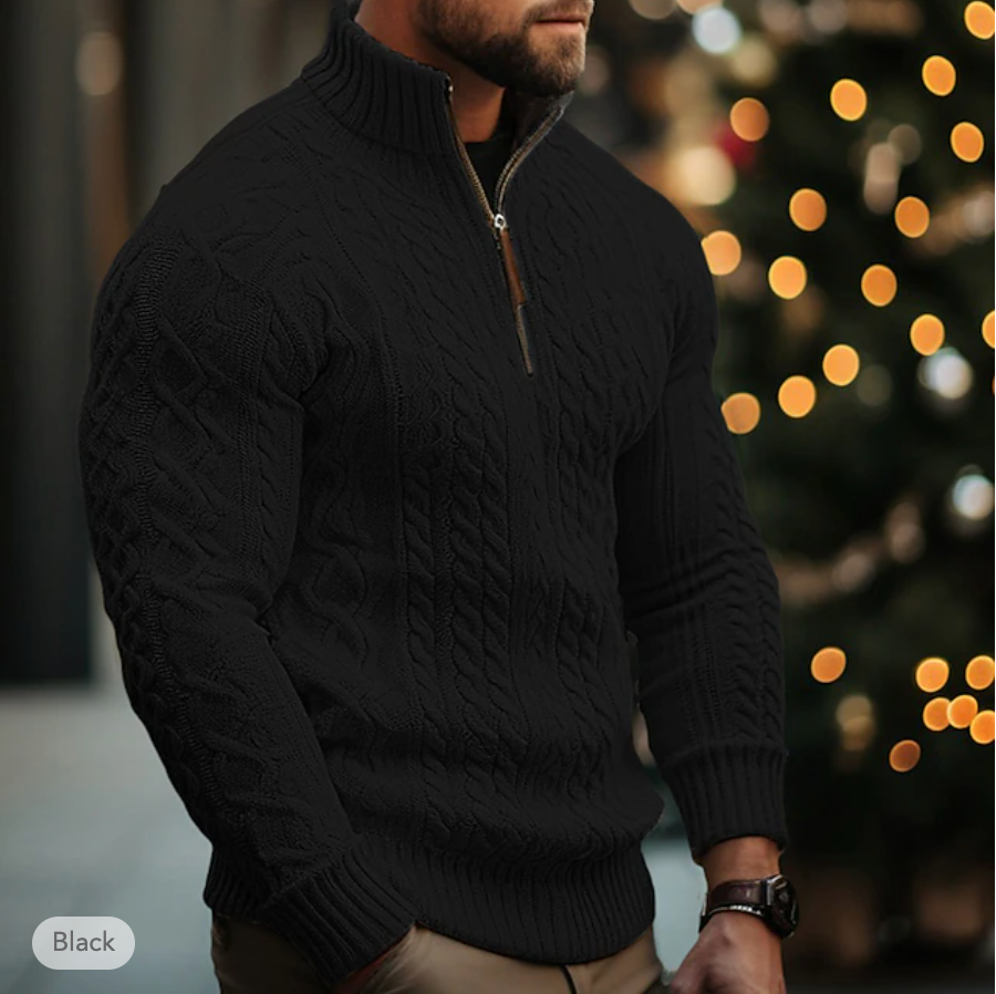 Men's Cable Knit Sweater - Half Zip - High Collar - Warm & Comfortable Fit-3