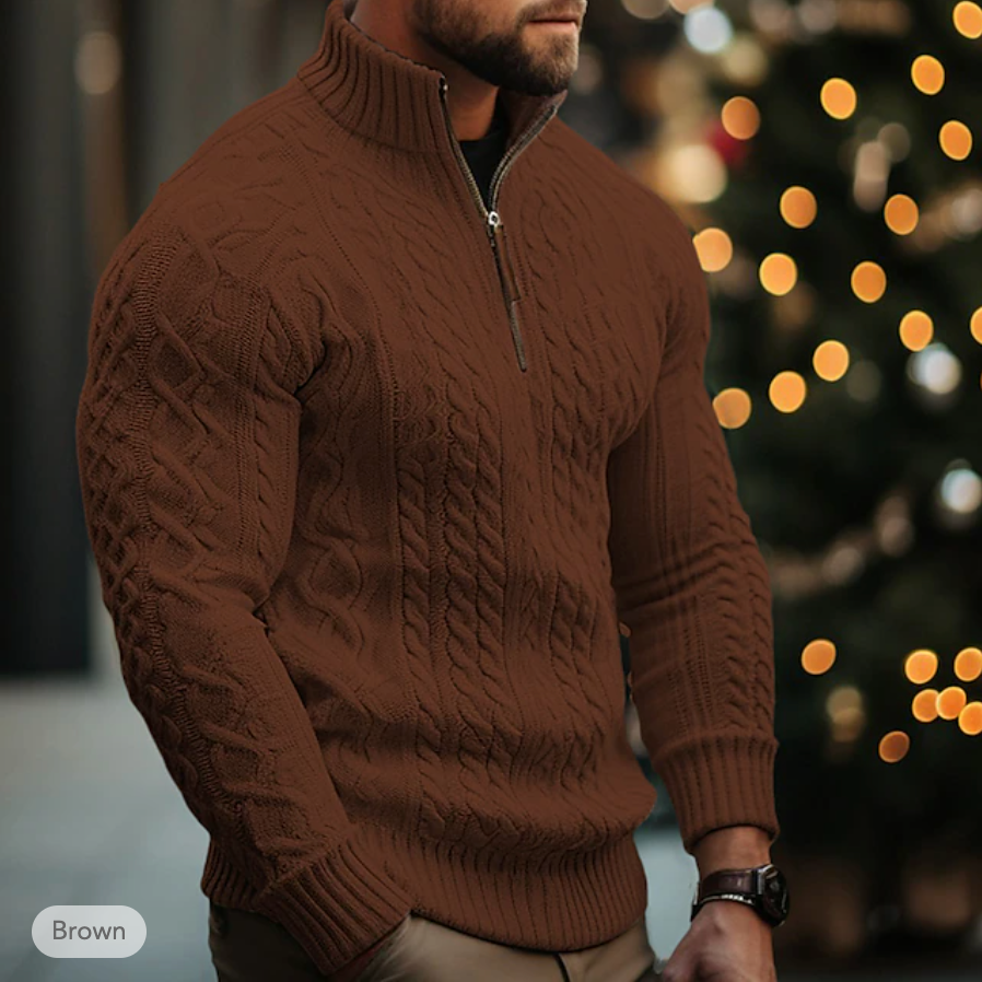 Men's Cable Knit Sweater - Half Zip - High Collar - Warm & Comfortable Fit-4
