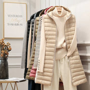 Fiona Long Bodywarmer | Comfortable warm mid-length jacket with hood