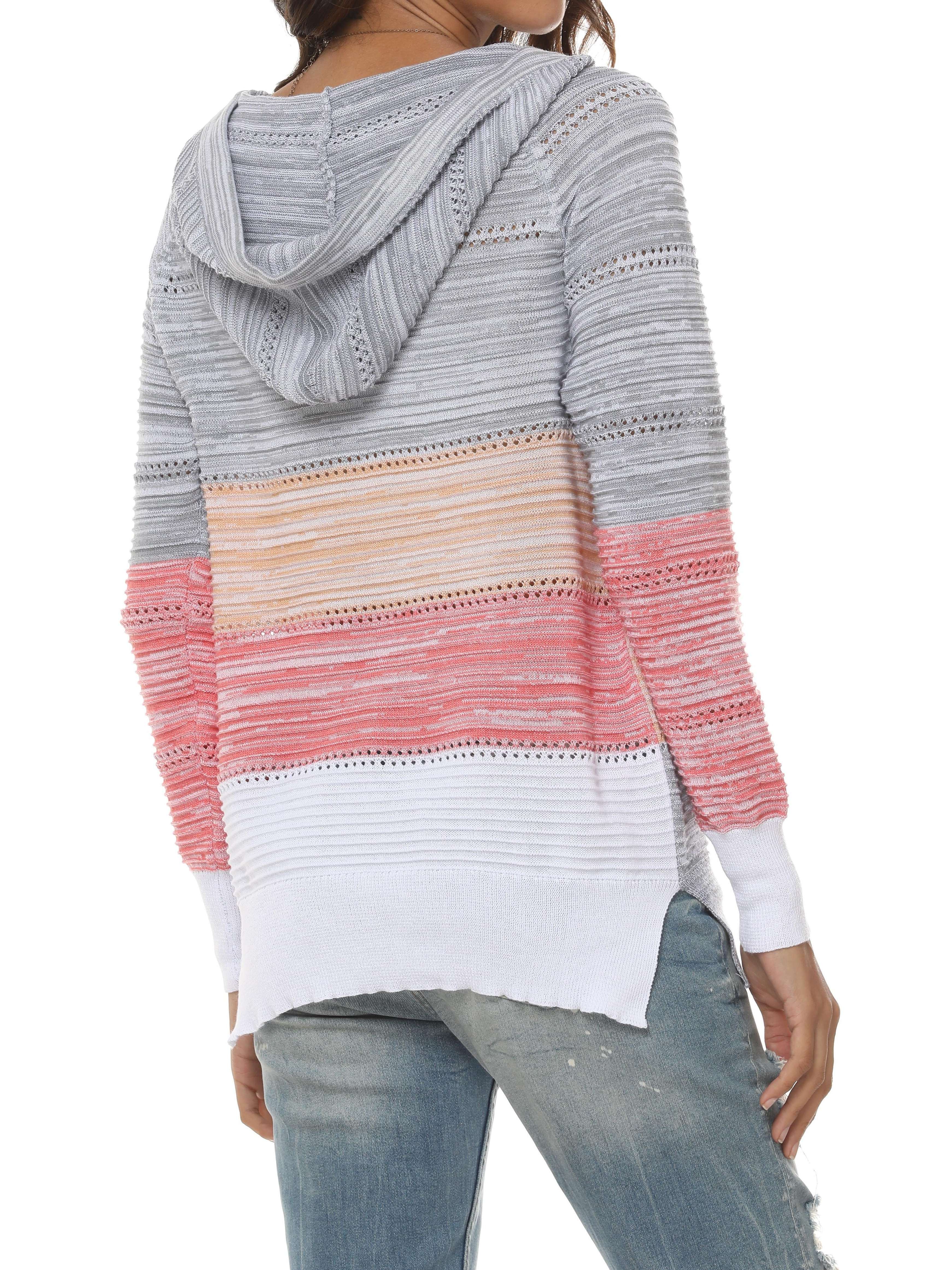 Sweater with a hood and V-neck in harmonious colors-3