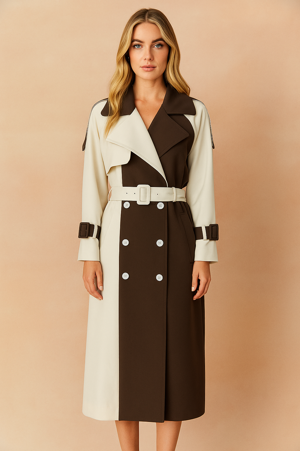 A stylish Australian woman with long ash blond hair wears a modern two-tone trench coat, posed against a softly lit warm sand and pastel pink background, ideal for chic autumn-winter fashion campaigns