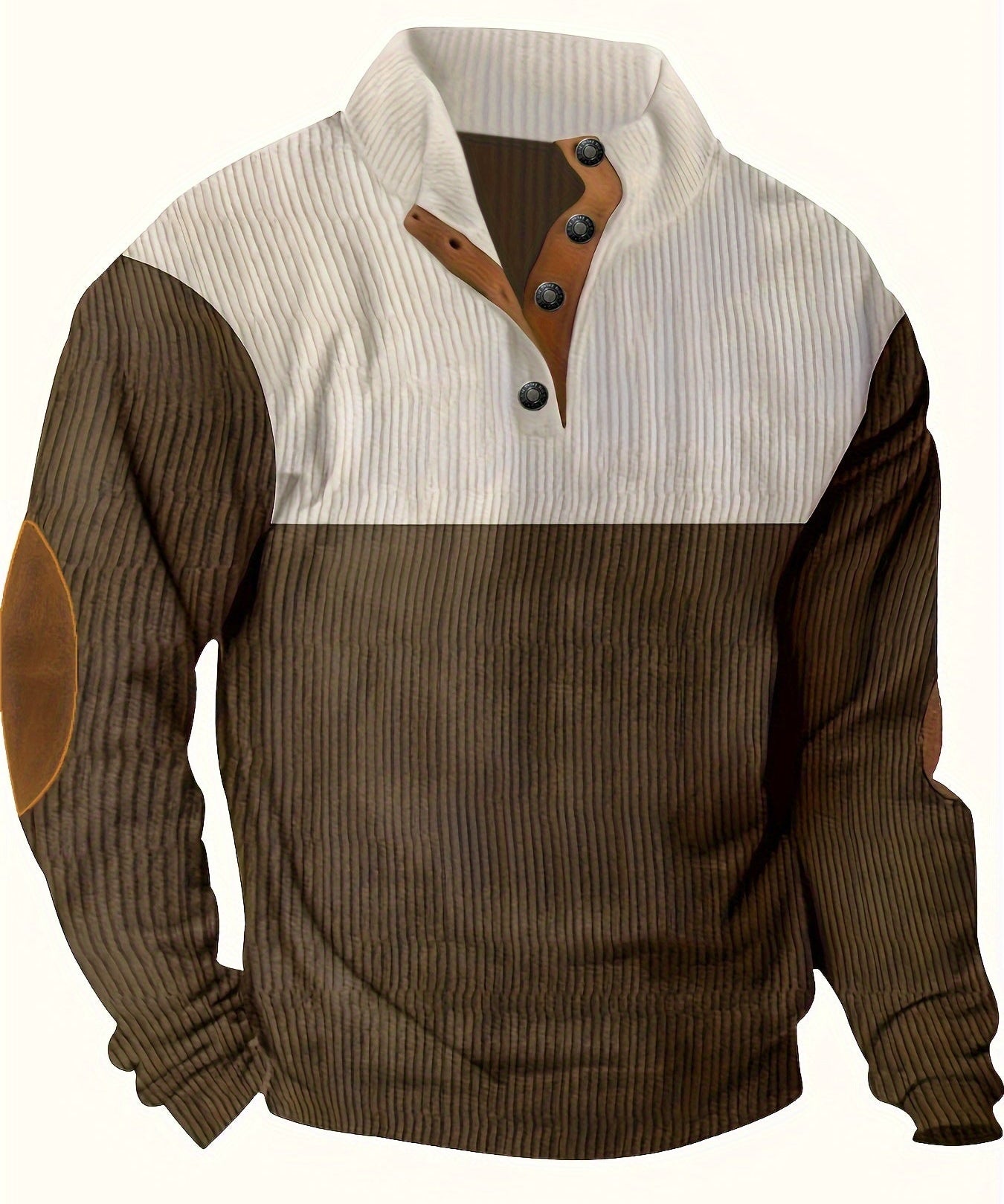 Men’s Ribbed Pullover Sweater - Quarter Button - Stand Collar - Long Sleeve - Elbow Patches-3
