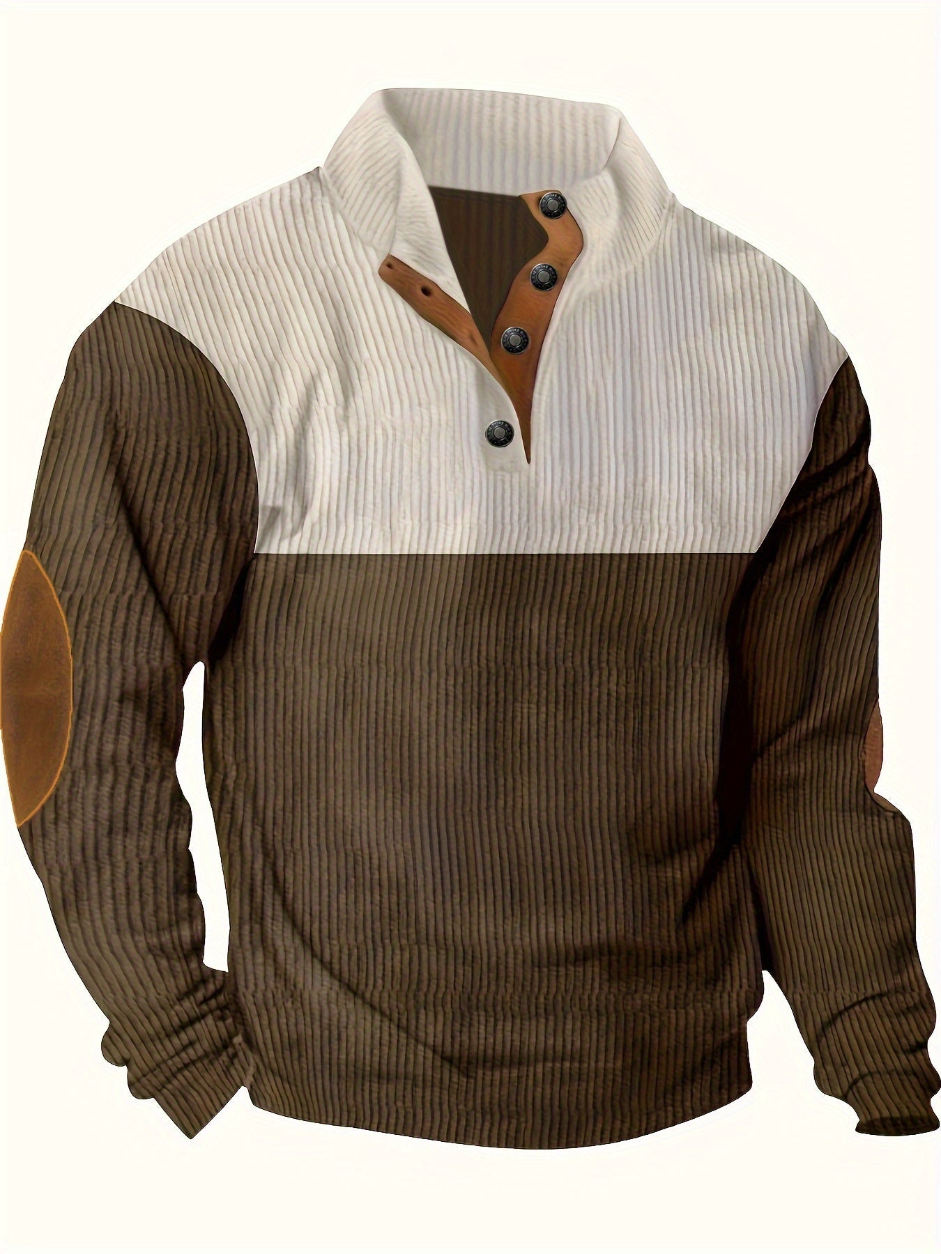 Men’s Ribbed Pullover Sweater - Quarter Button - Stand Collar - Long Sleeve - Elbow Patches-3