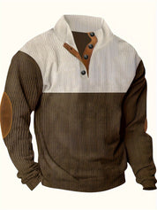 Men’s Ribbed Pullover Sweater - Quarter Button - Stand Collar - Long Sleeve - Elbow Patches-3