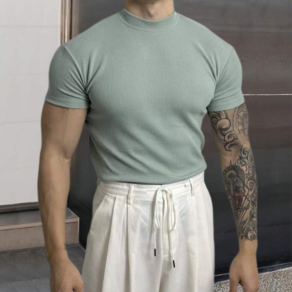Men’s Fitted Ribbed Knit Top - Short Sleeve - Mock Neck - Breathable Stretch Fabric-4