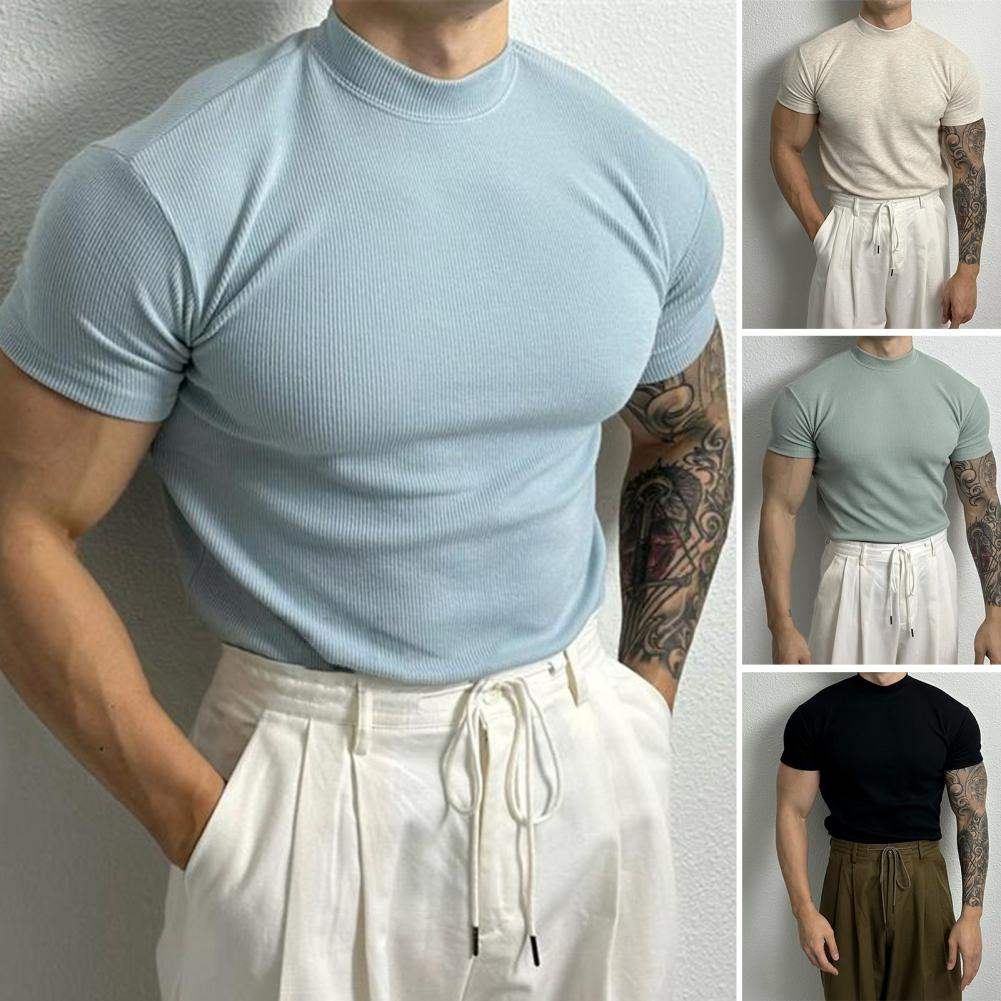 Men’s Fitted Ribbed Knit Top - Short Sleeve - Mock Neck - Breathable Stretch Fabric-2
