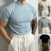 Men’s Fitted Ribbed Knit Top - Short Sleeve - Mock Neck - Breathable Stretch Fabric-2