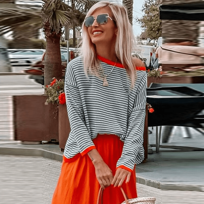 Sweaters in blue with orange -colored edge and striped pattern-5