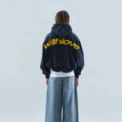 Sweater with a hood and stylish "with love" logo on the back-5