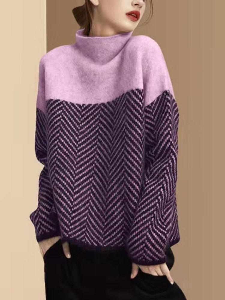 Cuddly sweater with turtleneck and knitting design for women-4